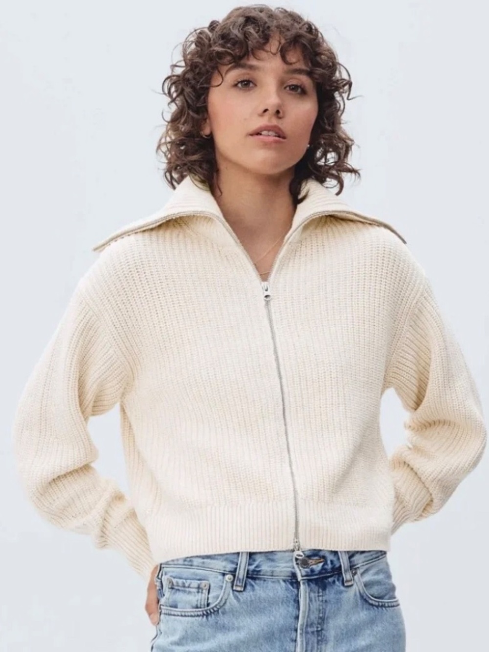 EVERLANE Chunky Zip Cardigan in Ivory 100% Organic Cotton - M